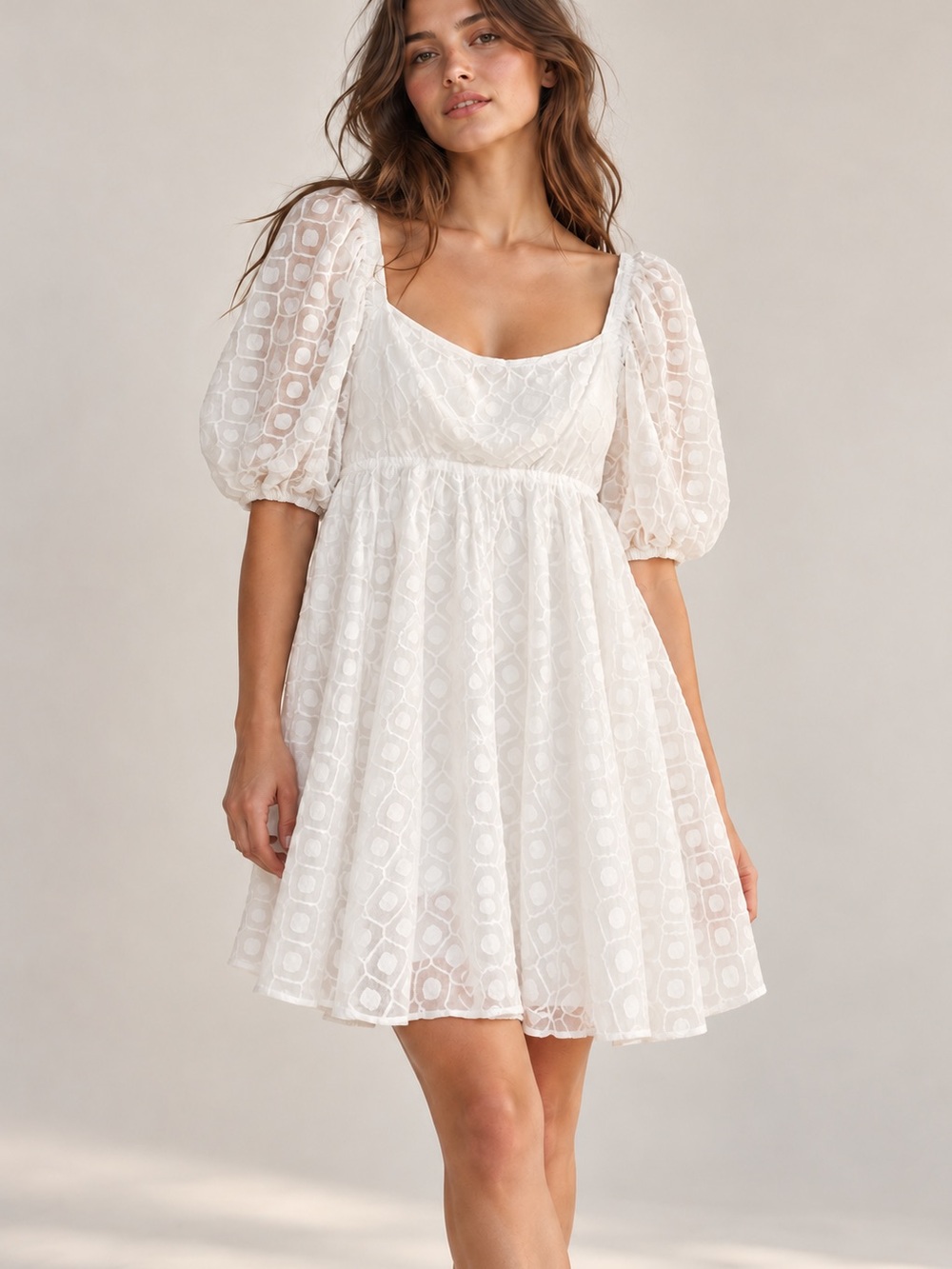 White Sheer Geometric Babydoll Mini Dress L Puff Sleeve Cottagecore Coquette